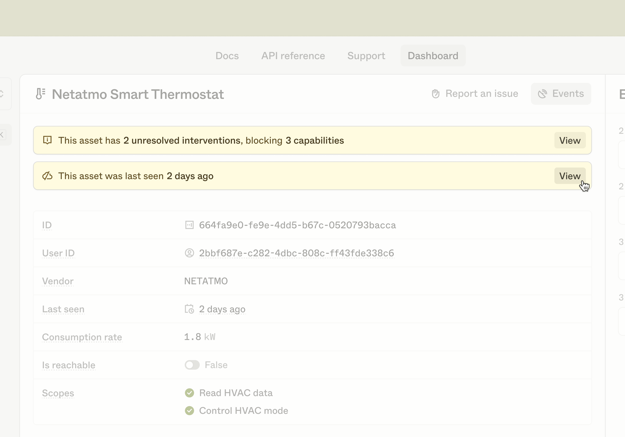 Example of state warnings in the asset detail page