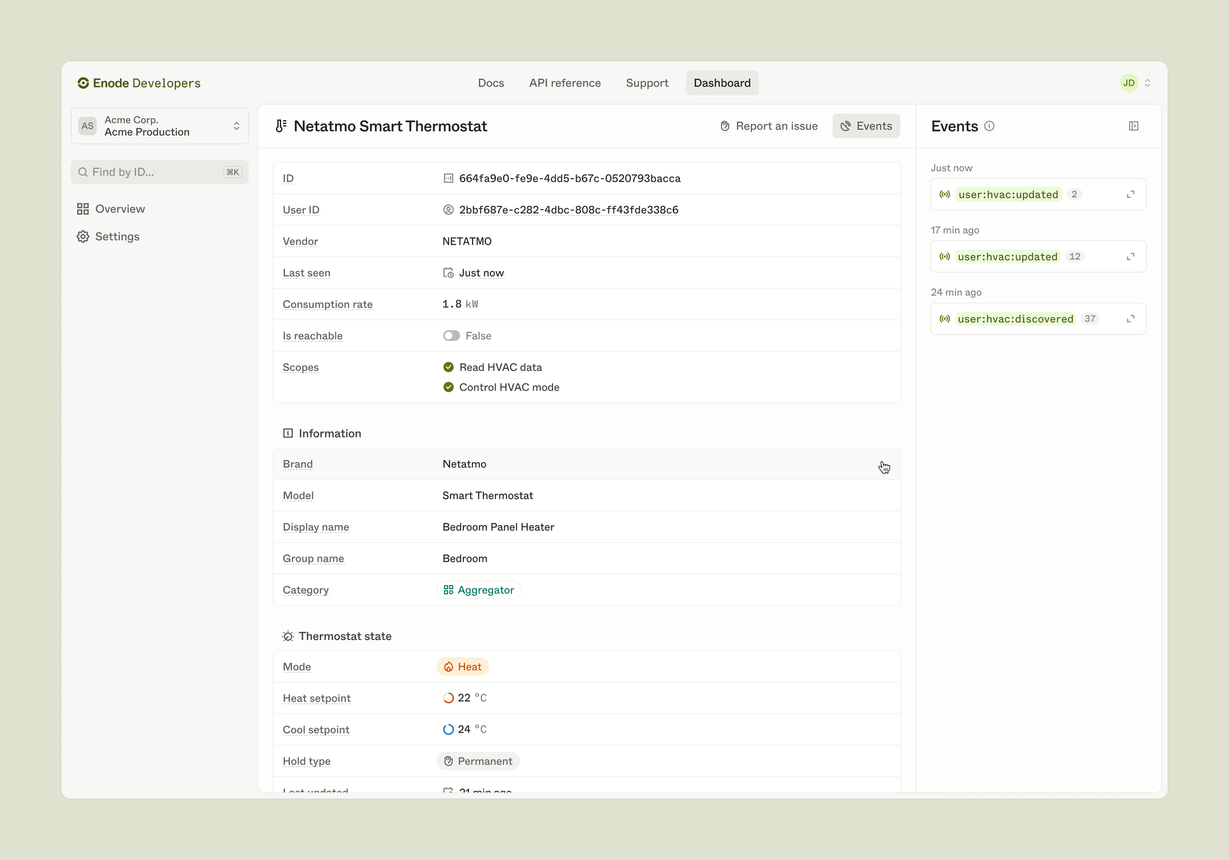 Enode dashboard asset detail