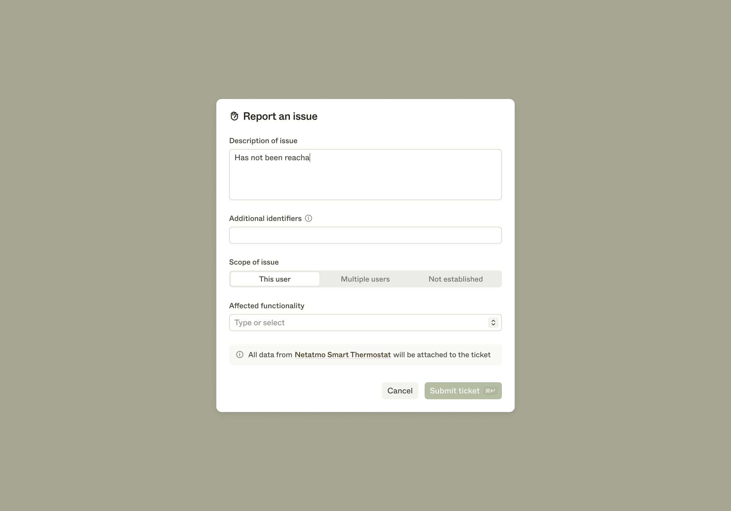 Dialog to report an issue with the asset