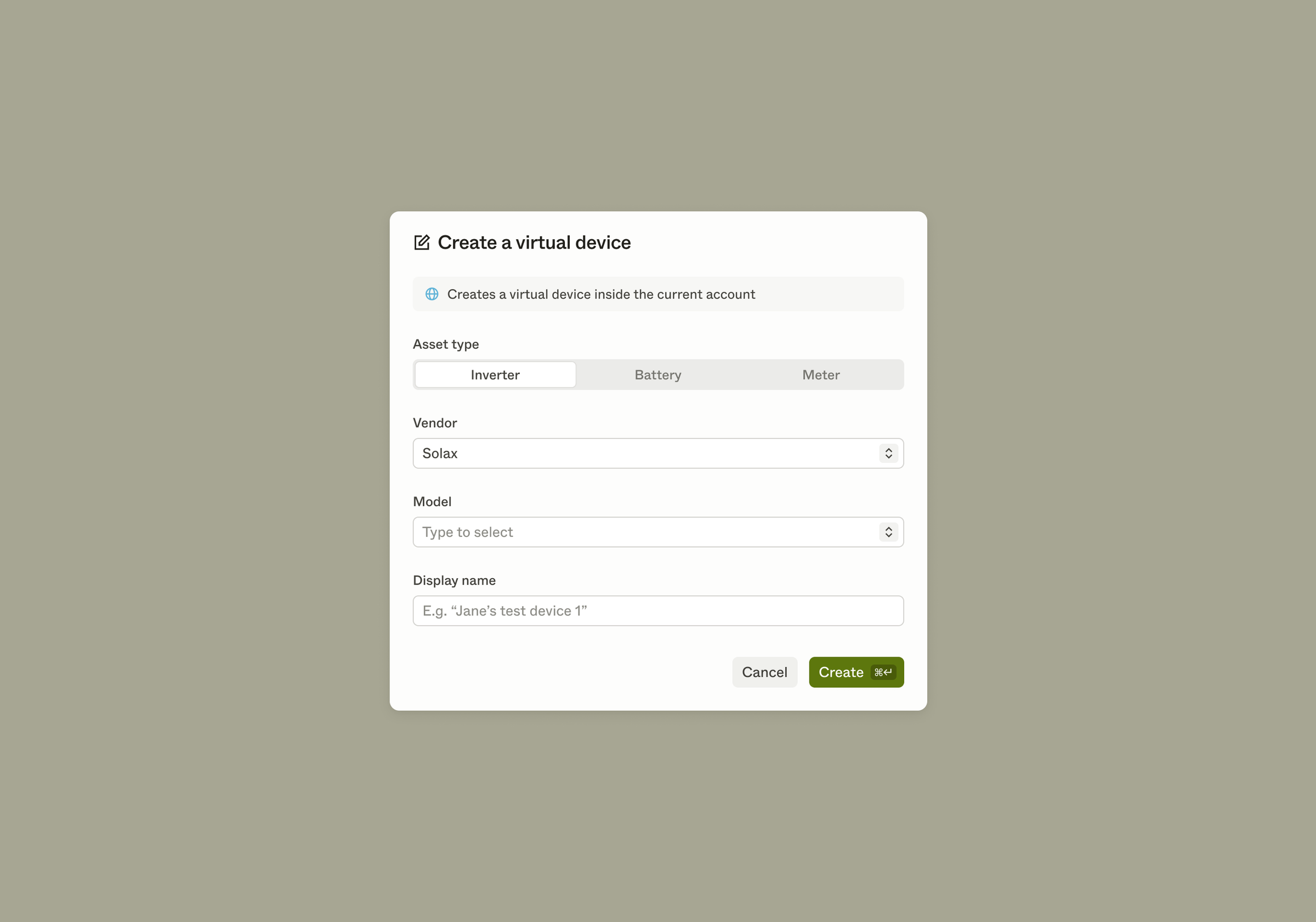Create new device dialog