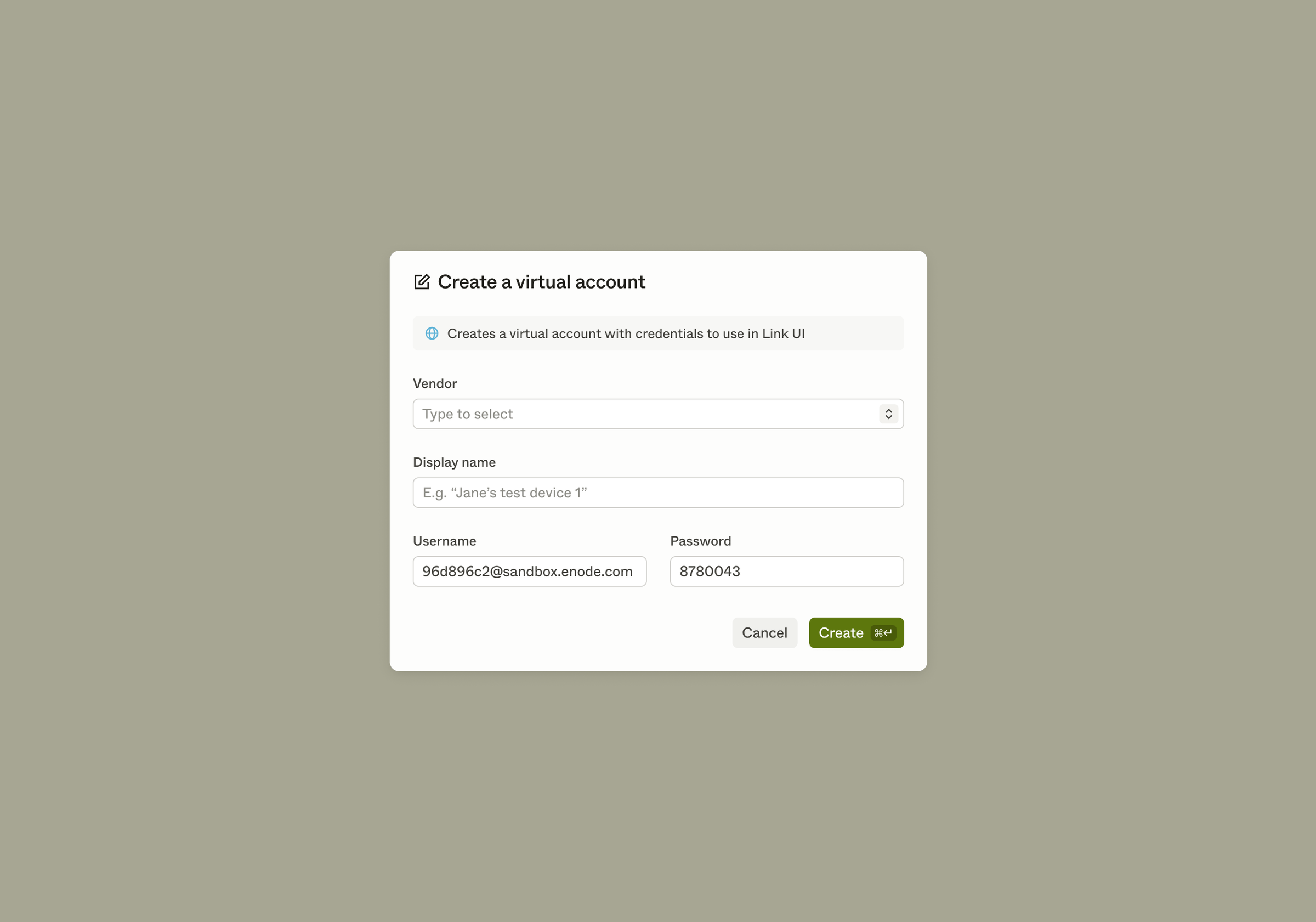 Create new virtual account dialog
