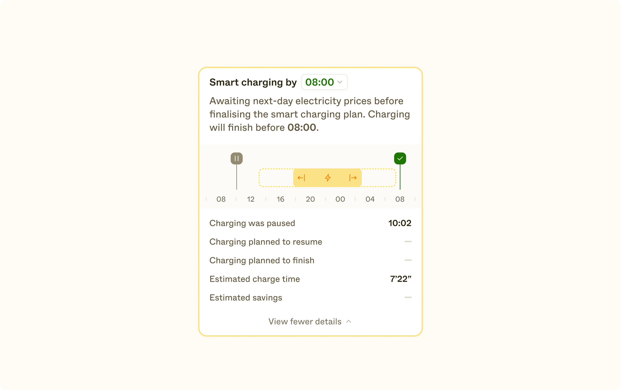 A view of the smart charging control + information component in an awating price updates state: with a timeline visual that indicates the possible charge window, and some pieces of information left blank